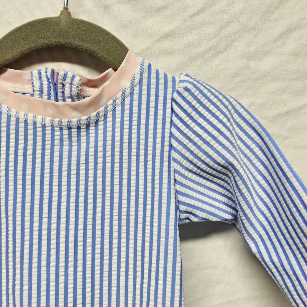 RuffleButts Rash Guard Baby Girl 6-12M Blue White Seersucker Stripe Long Sleeve
